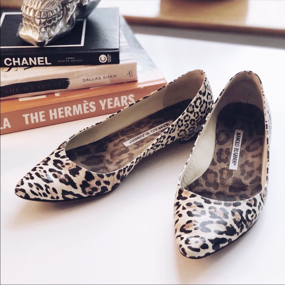 Manolo Blahnik Leopard Leather Pointed Toe Flats